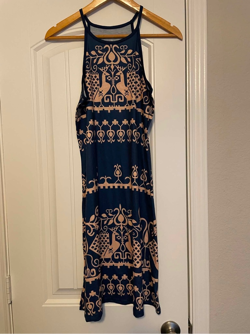 Navy and Beige Printed Halter Midi Dress